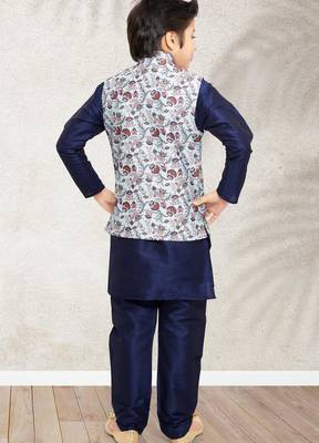 Blue banarasi silk kurta jacket set for boys 3