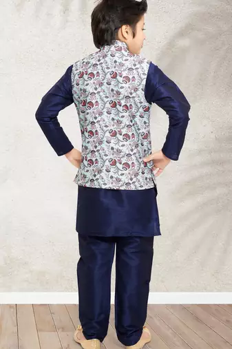Blue banarasi silk kurta jacket set for boys