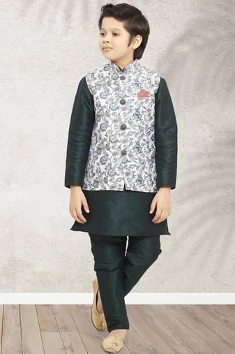 Pista green banarasi silk kurta jacket set for boys
