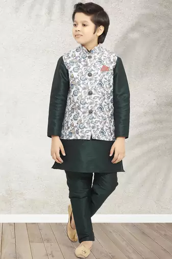 Pista green banarasi silk kurta jacket set for boys