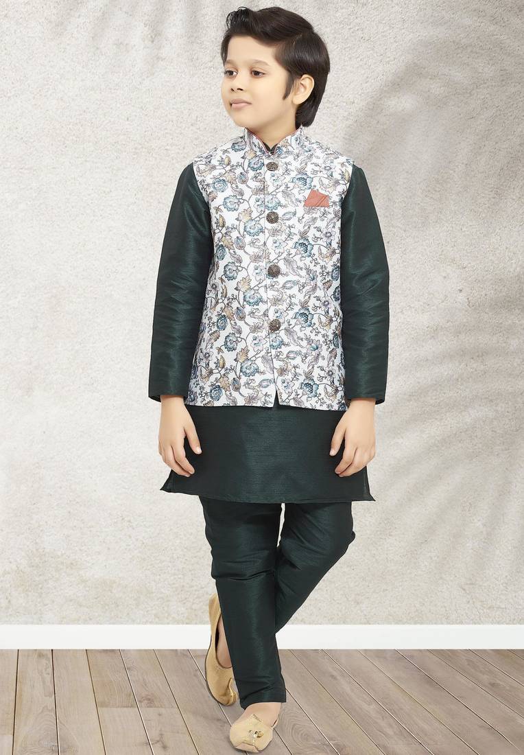 Pista green banarasi silk kurta jacket set for boys