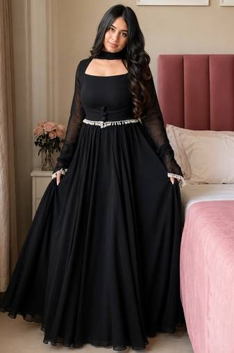 Black embroidery faux georgette  anarkali suit