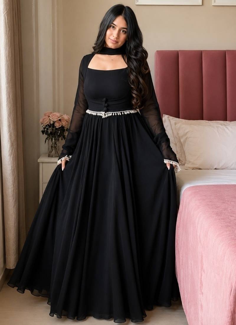 Black embroidery faux georgette  anarkali suit