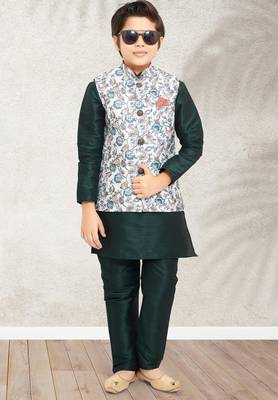 Pista green banarasi silk kurta jacket set for boys 2