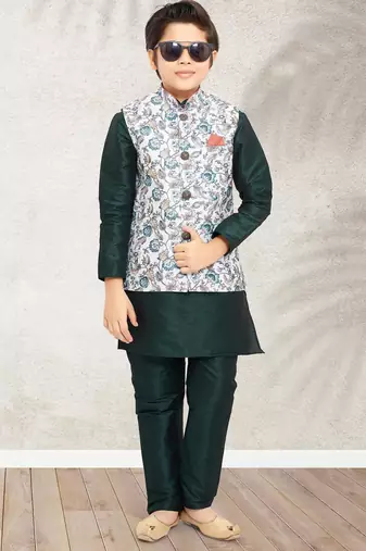 Pista green banarasi silk kurta jacket set for boys