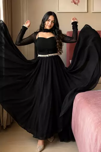 Black embroidery faux georgette  anarkali suit