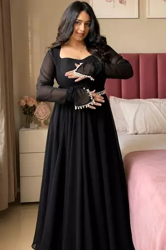 Black embroidery faux georgette  anarkali suit