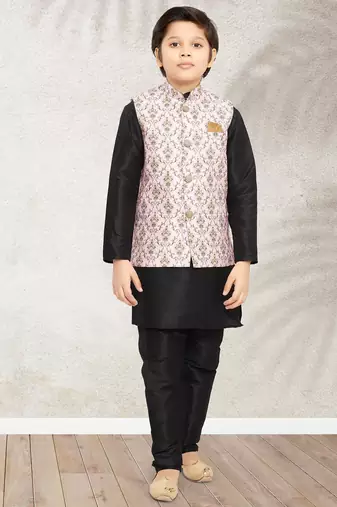 Pink banarasi silk kurta jacket set for boys