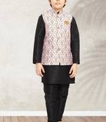 Pink banarasi silk kurta jacket set for boys