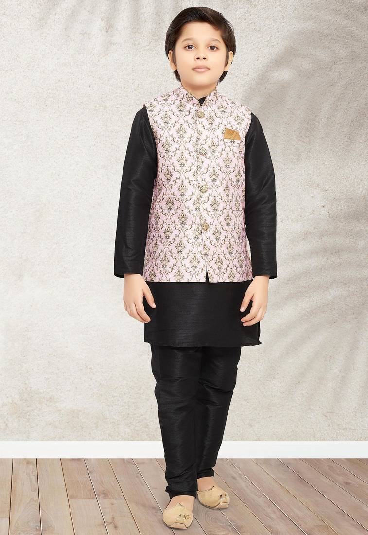 Pink banarasi silk kurta jacket set for boys