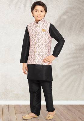 Pink banarasi silk kurta jacket set for boys 2