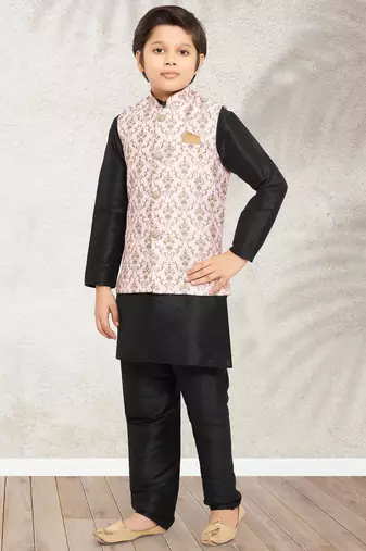 Pink banarasi silk kurta jacket set for boys