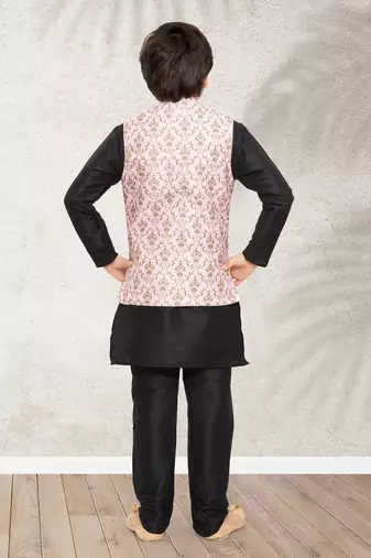 Pink banarasi silk kurta jacket set for boys