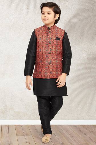 Maroon banarasi silk kurta jacket set for boys