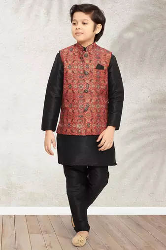Maroon banarasi silk kurta jacket set for boys