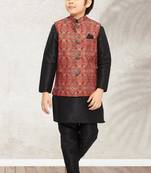 Maroon banarasi silk kurta jacket set for boys