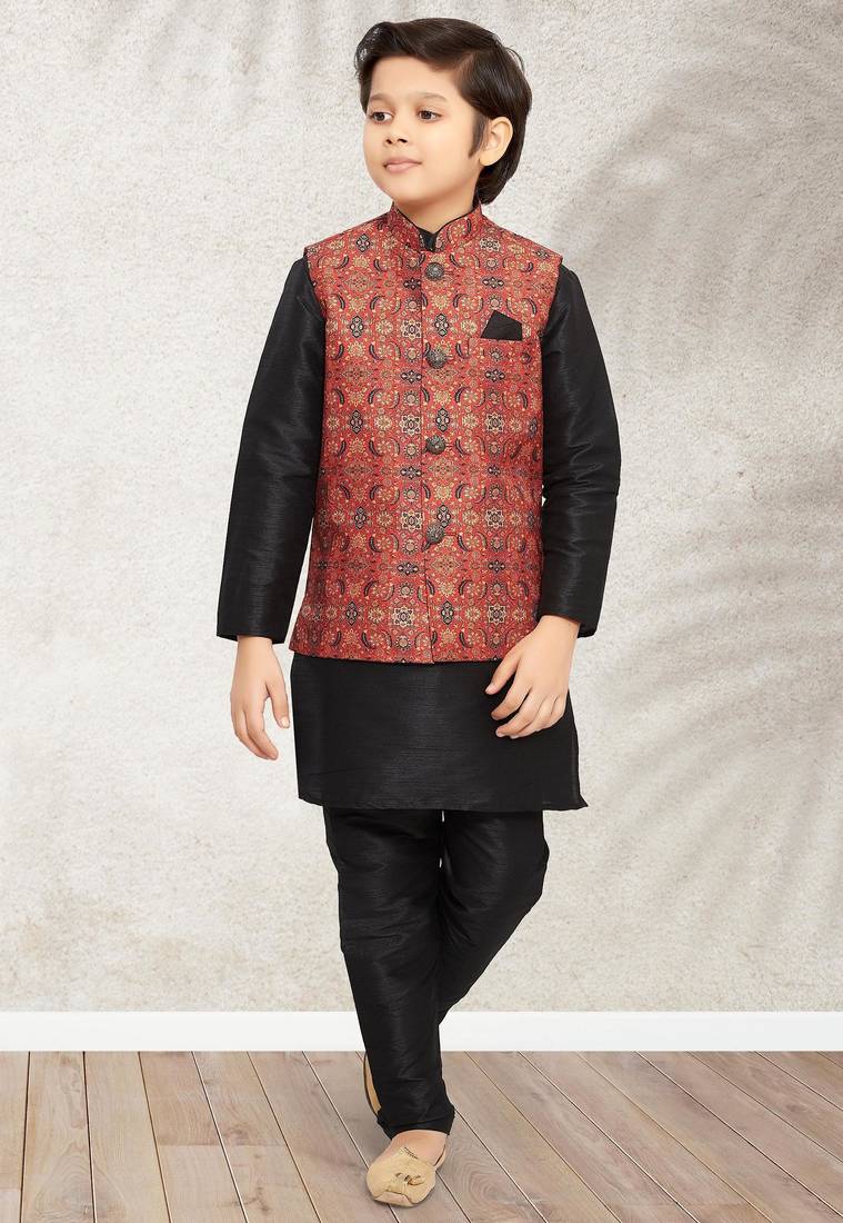 Maroon banarasi silk kurta jacket set for boys