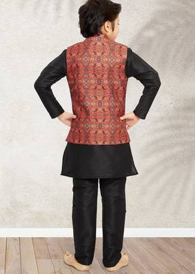 Maroon banarasi silk kurta jacket set for boys 2
