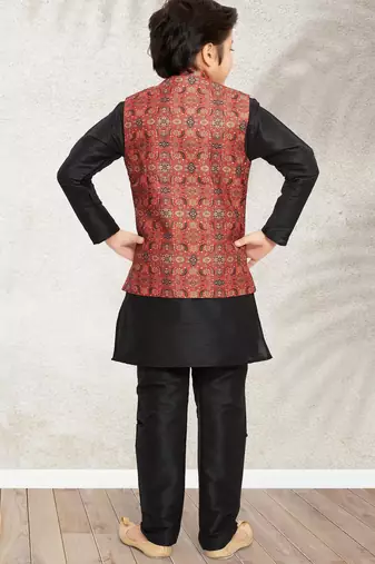 Maroon banarasi silk kurta jacket set for boys