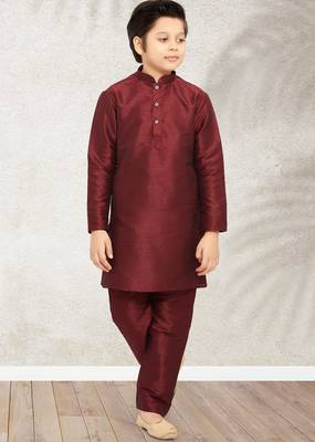 Maroon art banarasi silk kurta pajama for boys 1