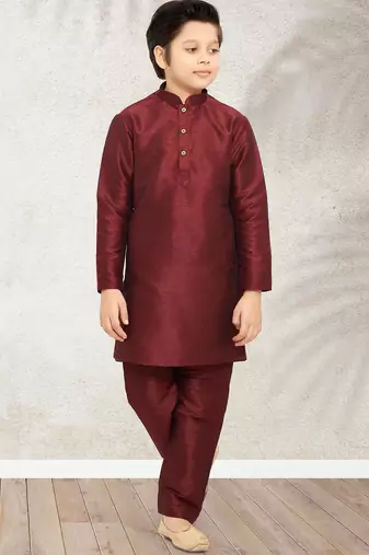 Maroon art banarasi silk kurta pajama for boys