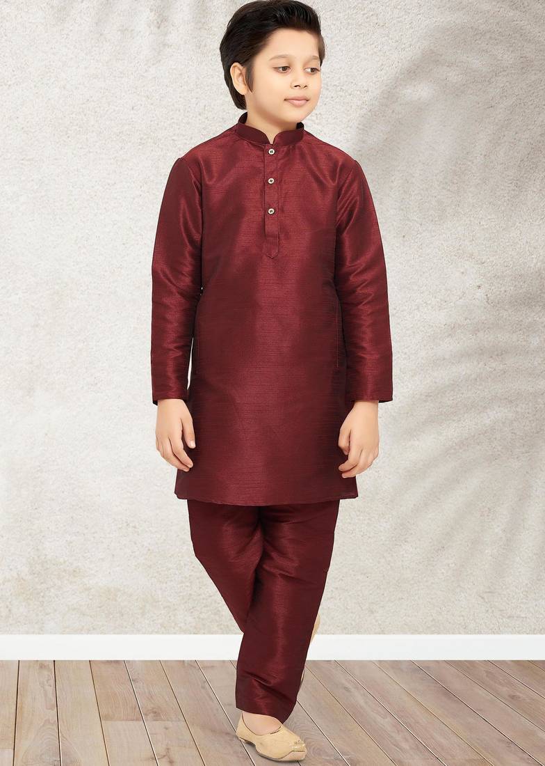 Maroon art banarasi silk kurta pajama for boys