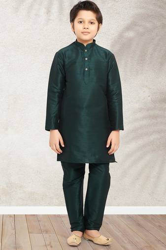 Green art banarasi silk kurta pajama for boys