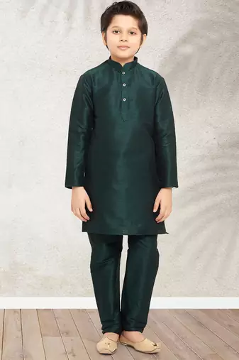 Green art banarasi silk kurta pajama for boys