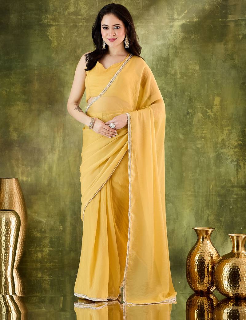 yellow silk blend pre draped graceful partywear saree