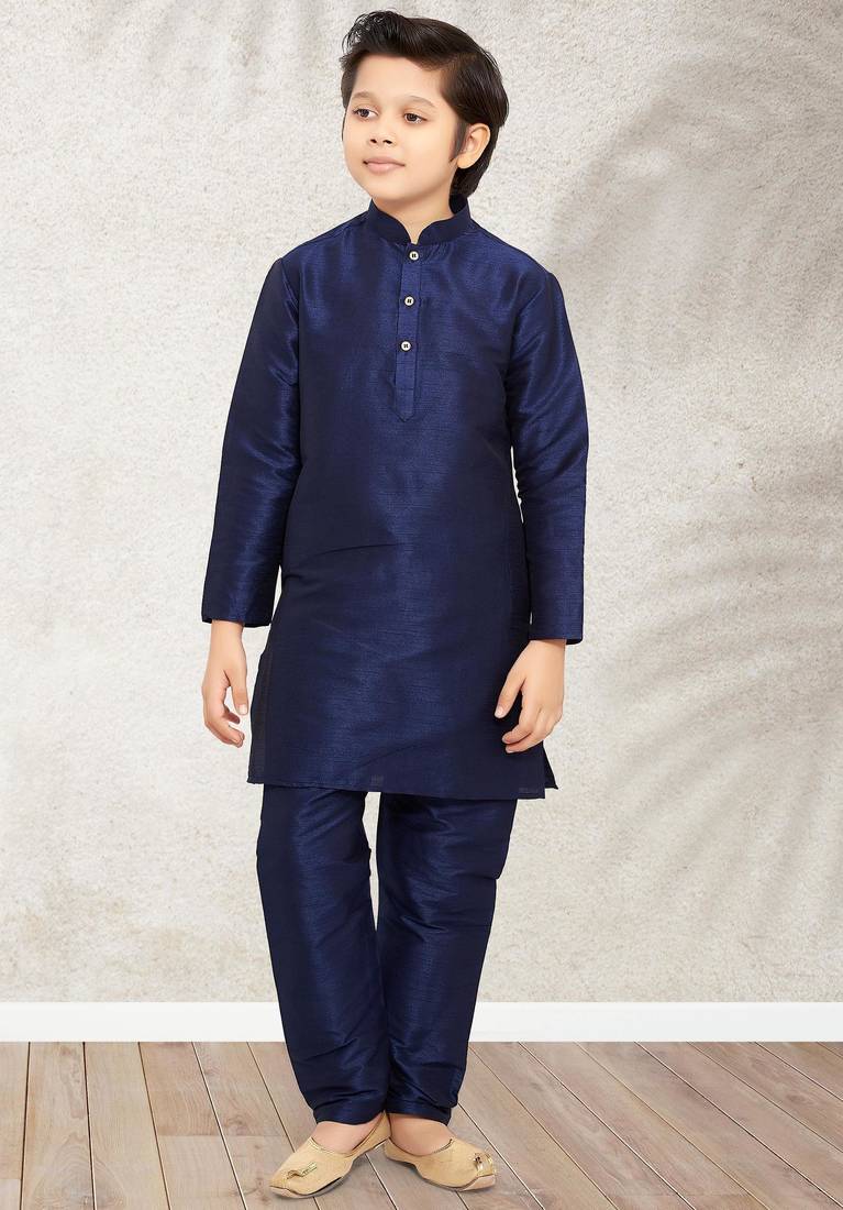 Blue art banarasi silk kurta pajama for boys