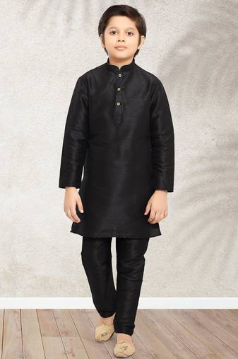 Black  art banarasi silk kurta pajama for boys