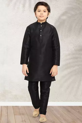 Black  art banarasi silk kurta pajama for boys