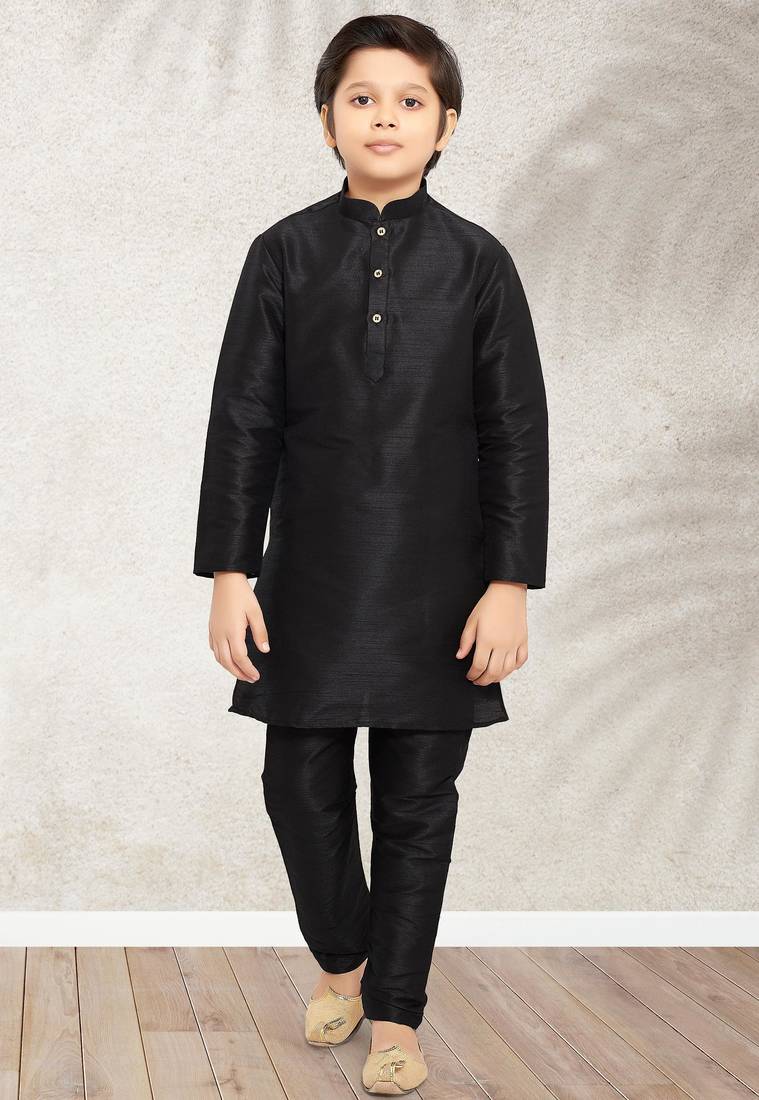 Black  art banarasi silk kurta pajama for boys