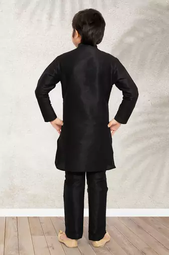 Black  art banarasi silk kurta pajama for boys