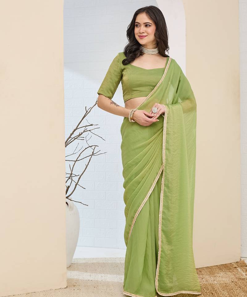 green silk blend ready made graceful partywear saree