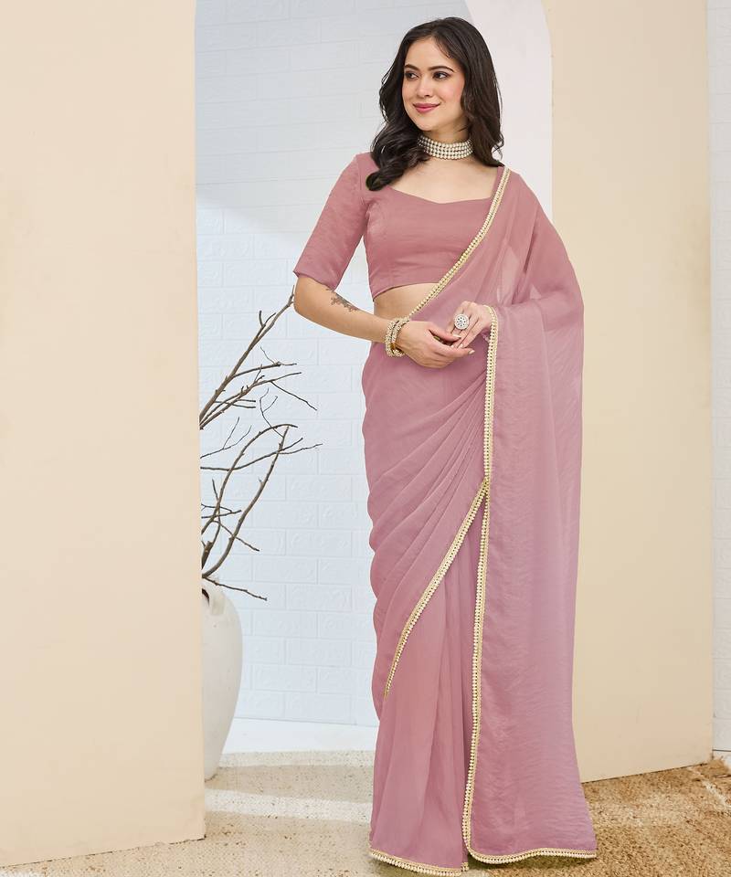 pink silk blend pre-stitched graceful partywear saree