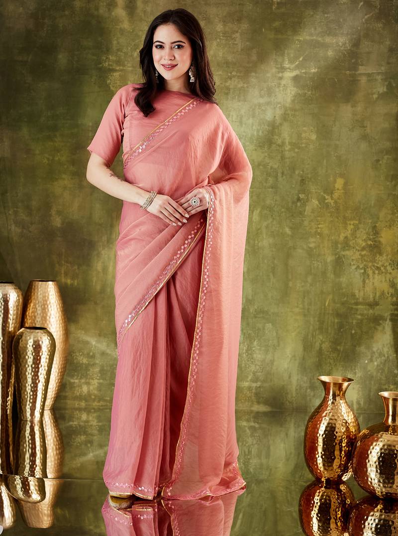 peach silk blend pre draped graceful partywear saree