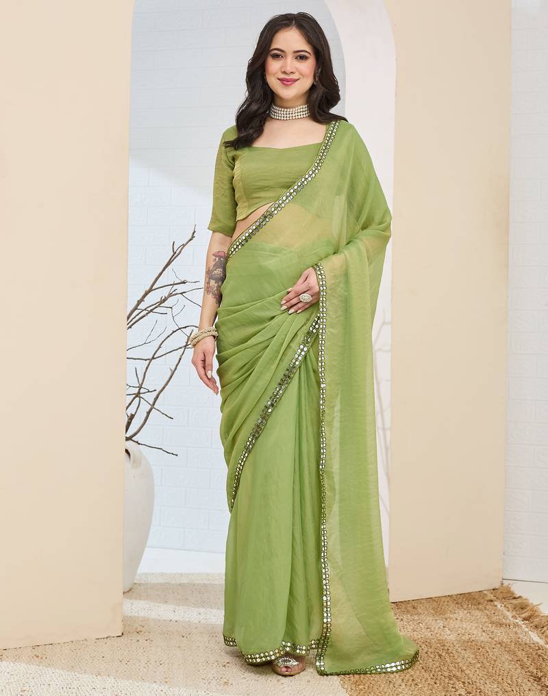 green silk blend ready made graceful partywear saree