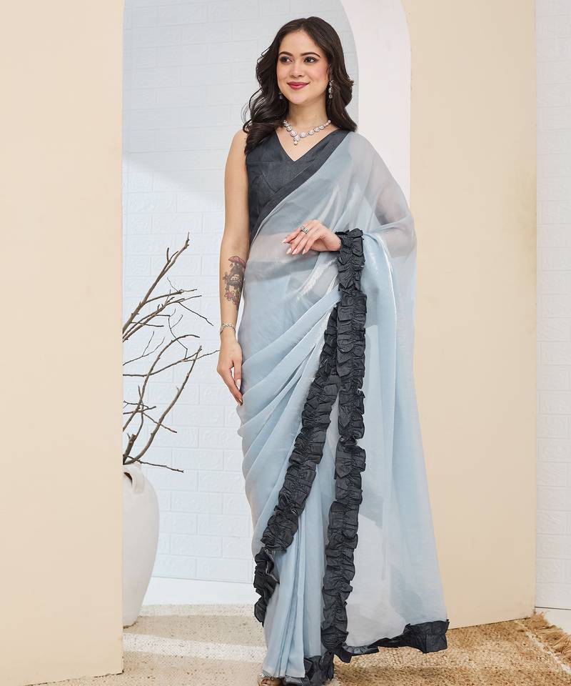 sky blue silk blend pre-stitched graceful partywear saree