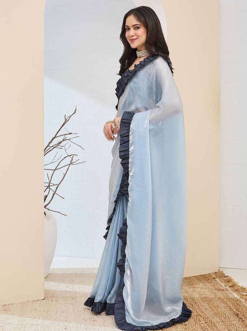sky blue silk blend ready to wear graceful partywear saree
