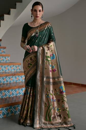 Green ethnic traditional banarasi silk blend paithani woven saree
