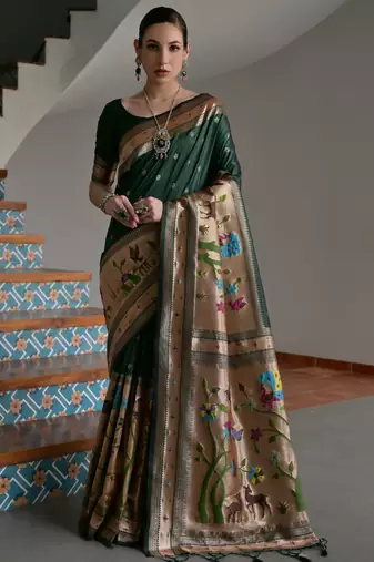 Green ethnic traditional banarasi silk blend paithani woven saree