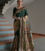Green ethnic traditional banarasi silk blend paithani woven saree