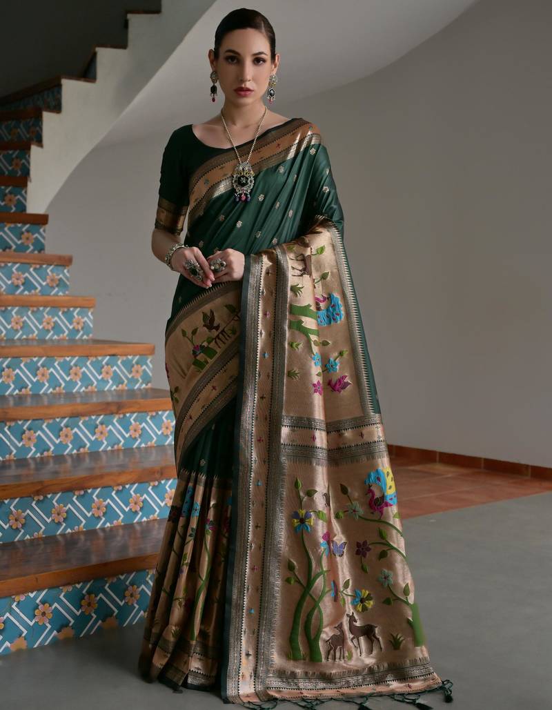 Green ethnic traditional banarasi silk blend paithani woven saree