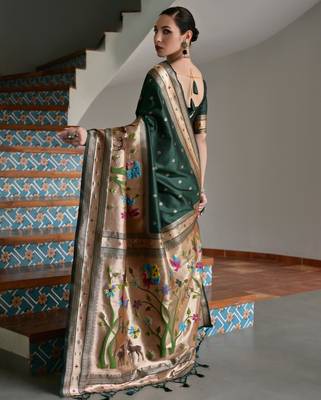 Green ethnic traditional banarasi silk blend paithani woven saree 2
