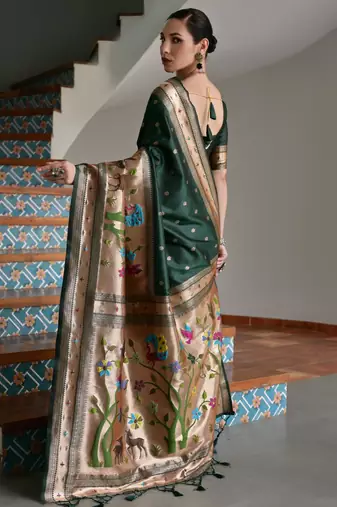Green ethnic traditional banarasi silk blend paithani woven saree