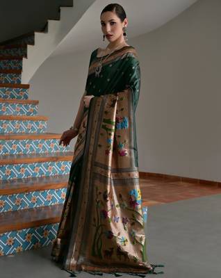 Green ethnic traditional banarasi silk blend paithani woven saree 4