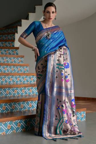 Blue ethnic traditional banarasi silk blend paithani woven saree