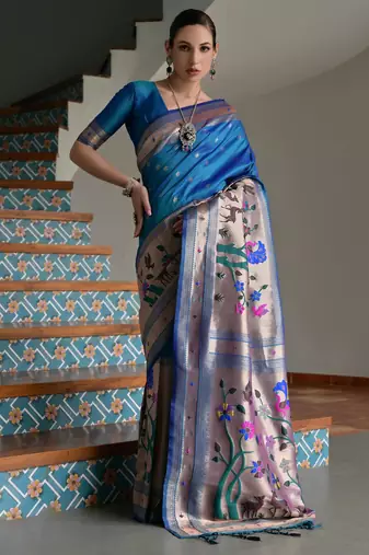 Blue ethnic traditional banarasi silk blend paithani woven saree