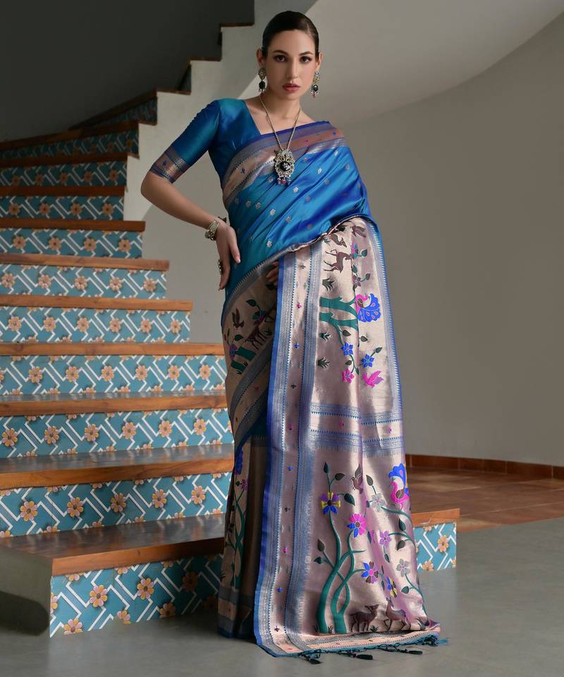Blue ethnic traditional banarasi silk blend paithani woven saree